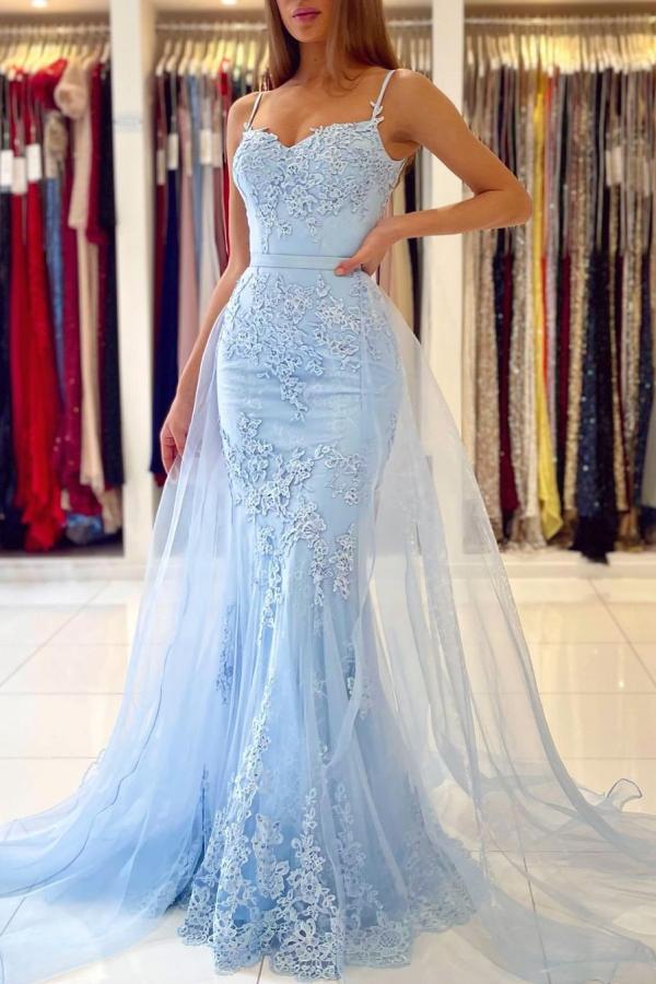 Atemberaubendes Meerjungfrauen-Abendkleid mit Spitzenapplikationen, Rüschen und Spaghettiträgern