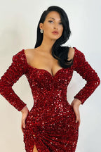 Impresionantes vestidos de fiesta de sirena con lentejuelas y aberturas laterales, mangas largas