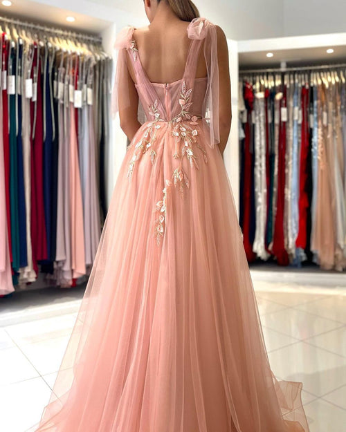 Amazing Straps Tulle Evening Dress Long With Split Sweetheart