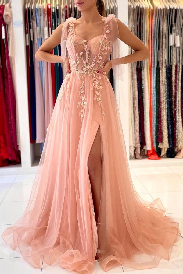 Atemberaubendes langes Tüll-Abendkleid mit Trägern und herzförmigem Schlitz