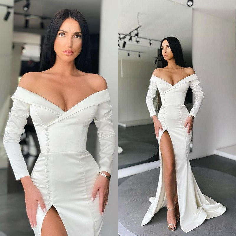 Atemberaubendes weißes Meerjungfrauen-Abendkleid, schulterfrei, mit Schlitz, lange Ärmel