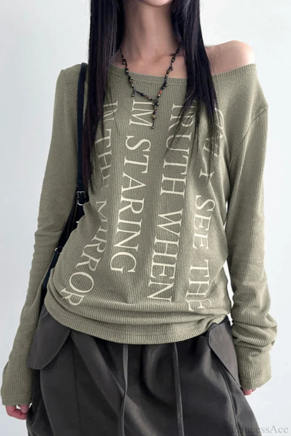 American Retro Oblique Collar Letter Print Long Sleeve Tee