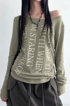 American Retro Oblique Collar Letter Print Long Sleeve Tee
