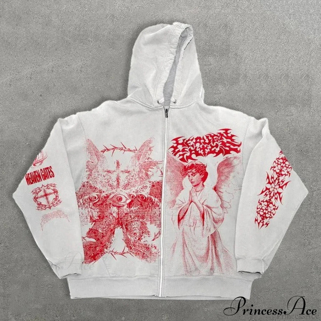 Angel Print Y2K Zip Loose Hoodie