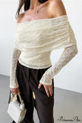 Apricot Off Shoulder Lace Knit Long Sleeve Tee