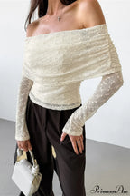 Apricot Off Shoulder Lace Knit Long Sleeve Tee
