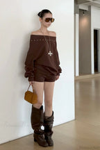 Asym Off-Shoulder Rivet Loose Sweatshirt