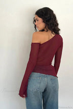 Asymmetrical Shoulder Mesh Off-Shoulder Long Sleeve Tee
