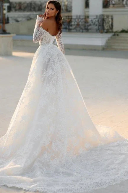 Attractive Long  A-line Off-the-shoulder Lace Wedding Dress with Long Sleeves
