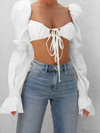Autumn Puff Long Sleeve Square Neck Tie-up Blouse