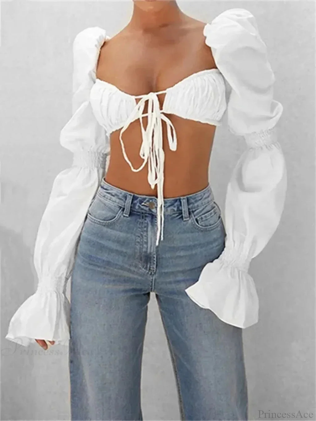 Autumn Puff Long Sleeve Square Neck Tie-up Blouse
