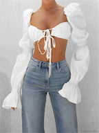 Autumn Puff Long Sleeve Square Neck Tie-up Blouse