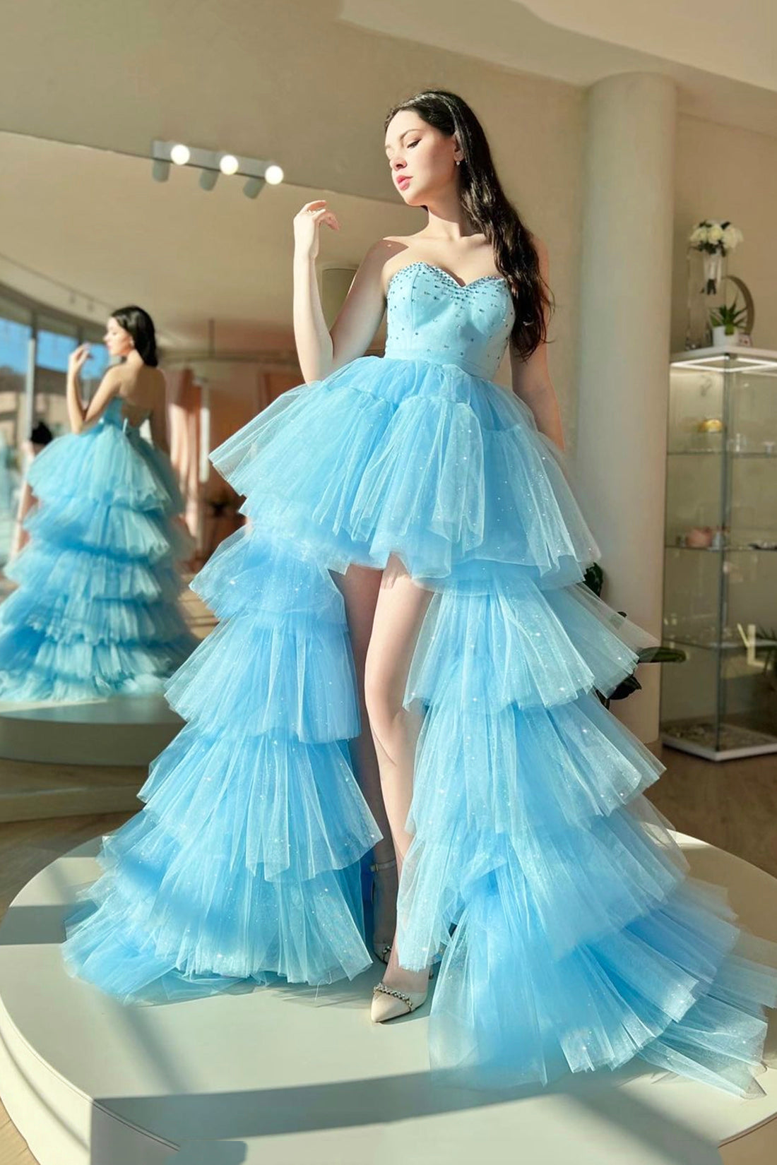 Langes, blaues Tüll-Abendkleid mit Herzausschnitt, wunderschönes A-Linien-Abendkleid mit asymmetrischem Saum