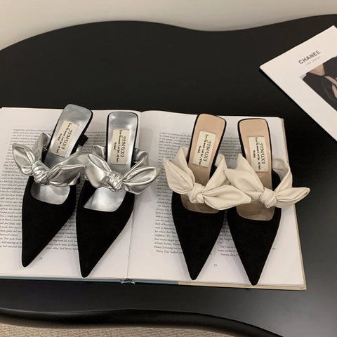 Zapatillas de verano estilo callejero con lazo para mujer, zapatos de mulas de punta puntiaguda a la moda, zapatos sexis para fiesta y graduación 