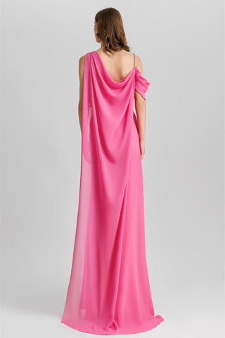 Satin Chiffon Cape Gathering  Maxi Dress