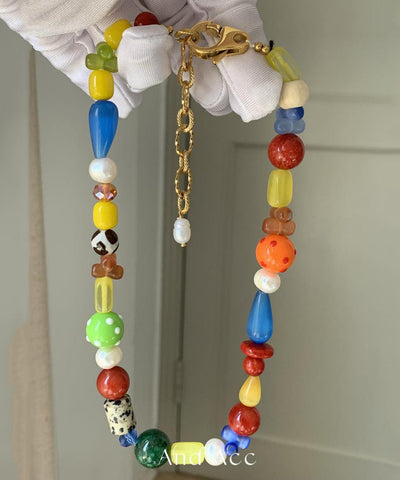 Collar de cuentas asimétricas con gemas y arcoíris en plata de ley dorada para mujer 