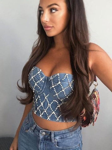 TARUXY Rhinestone Elastic Denim Corset Tops Women Summer Sleeveless Body Shaping Crop Cami Tops Blue Denim Sparkly Bustiers Tee