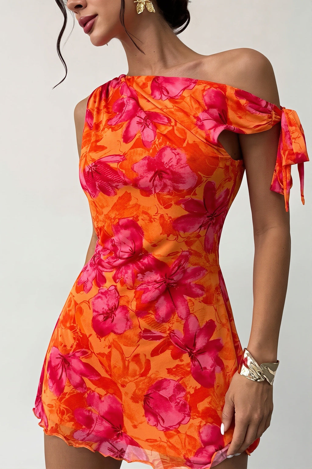 Sexy Floral Print Waist Cinched Mini Dress