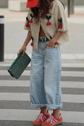 Short Sleeves Button Up Cherry Decorative Knit Sweater