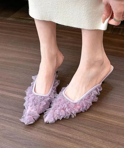 Sandalias de tul con tacón alto morado y punta puntiaguda 