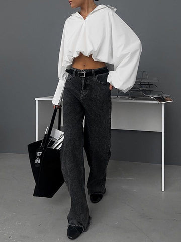 Loose Puff Sleeves Asymmetric Solid Color Split-Joint Lapel Blouses&Shirts Tops