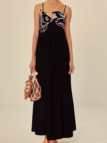 Vestido midi con tirantes finos y bordado de pez 