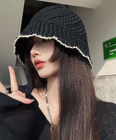 Handgemachte schwarze Bucket Hat aus Strick mit Hohlsaum 