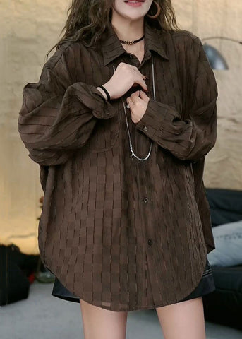 Blusas de algodón con botones y cuello Peter Pan de color café francés, manga larga 