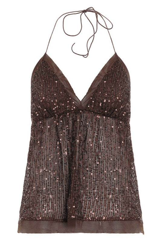 Sexy Mesh Sequin Backless Halter Top