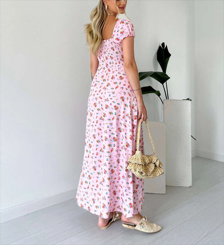 Vestido midi fruncido con estampado floral 