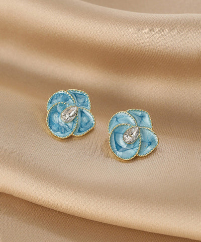 Unique Blue Copper Alloy Drip Glaze Floral Stud Earrings