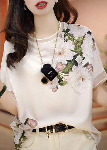 Mode Weiß O-Ausschnitt Print Chiffon Blusen Sommer 