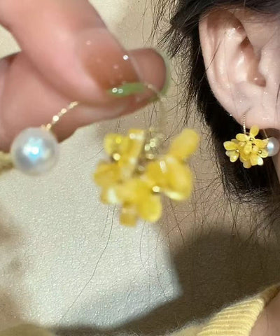 Cute Yellow Copper Acrylic Pearl Floral Hoop Earrings