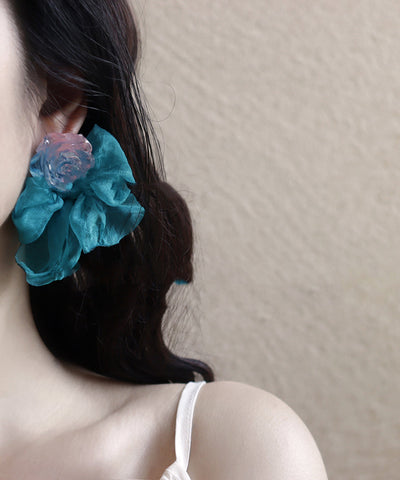 Chic Blue Chiffon Patchwork Resin Floral Bow Hoop Earrings