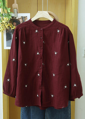 Beautiful Orange Embroideried Button Cotton Blouse Long Sleeve