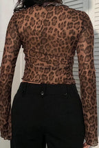 Leopard Print Sheer Tie Long Sleeve Blouse