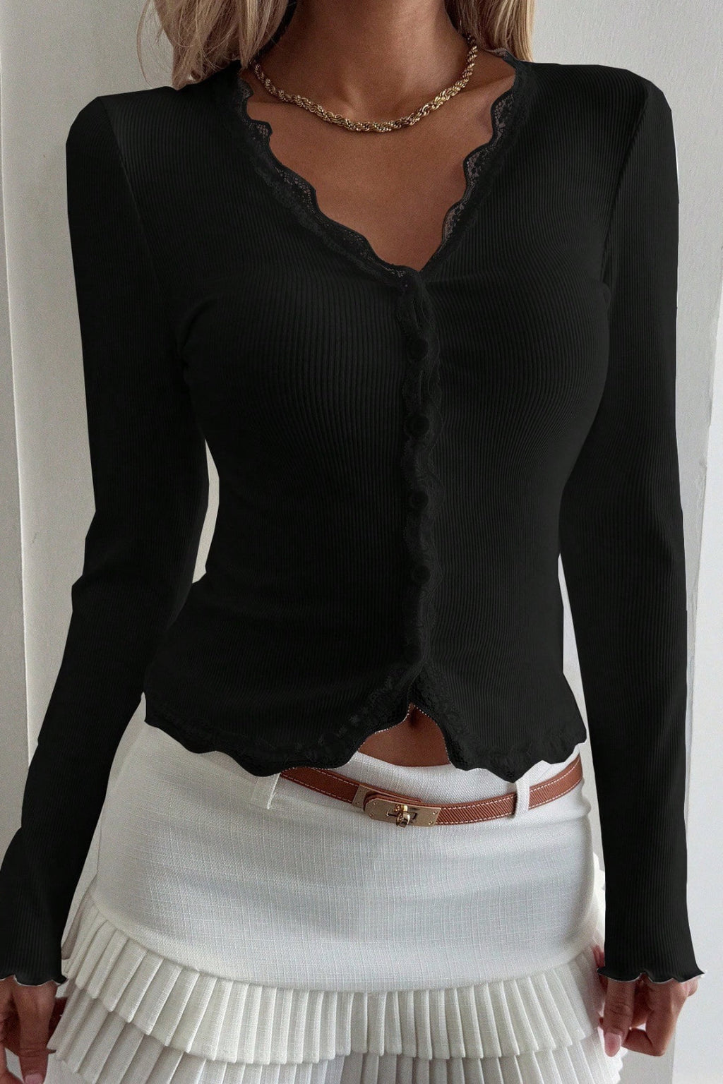 Lace Detail Long Sleeve Knit Top