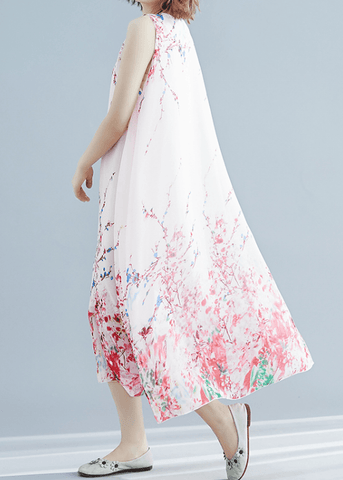 Vestidos maxi con estampado rojo, túnica sin mangas y cuello redondo francés 