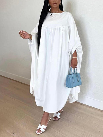 Batwing Sleeves Loose Pleated Solid Color Split-Joint Round-Neck Maxi Dresses