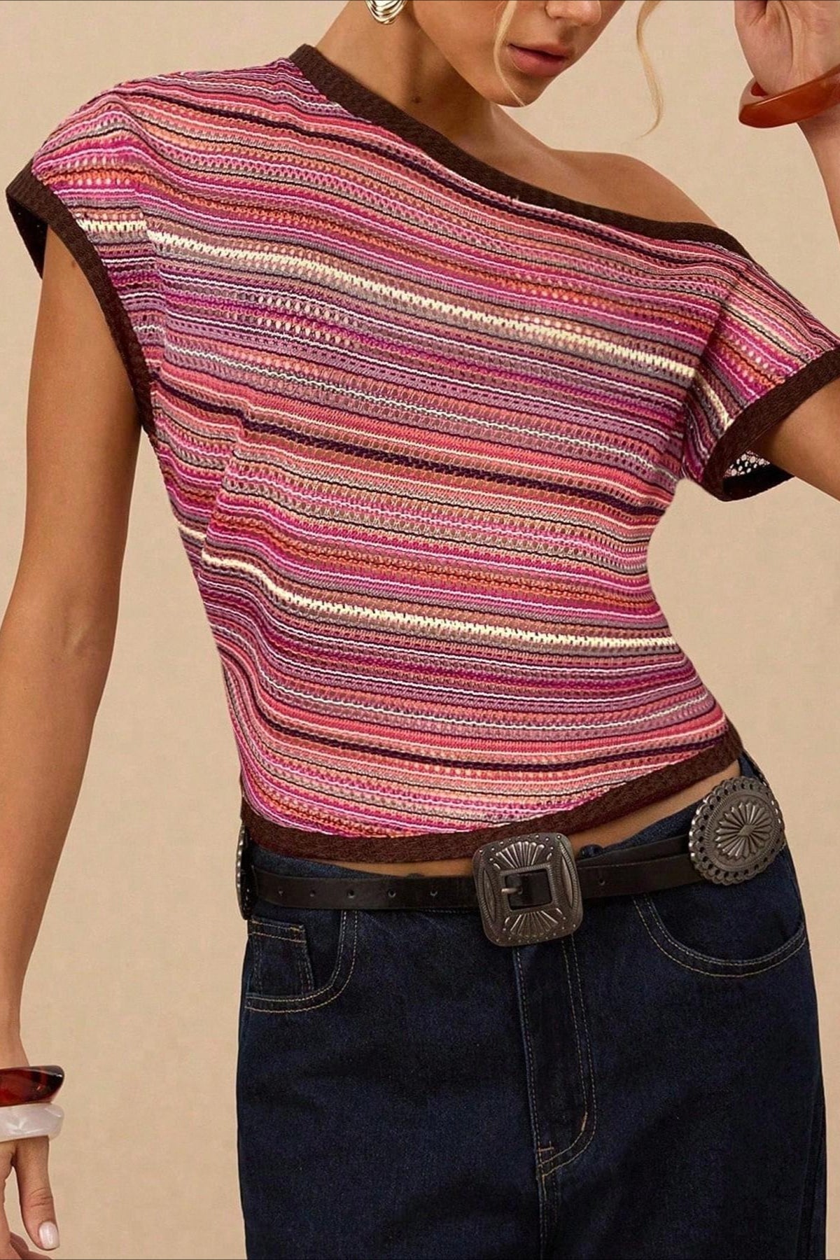 Vintage Color Knit Slim Striped Blouse