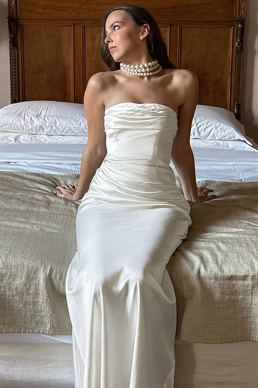 Chic Solid Satin Shirred Strapless Elegant Maxi Dress
