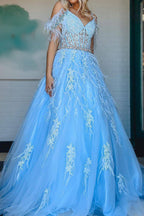 Gorgeous A Line Off the Shoulder Blue Corset Prom Dress with Appliques Feather