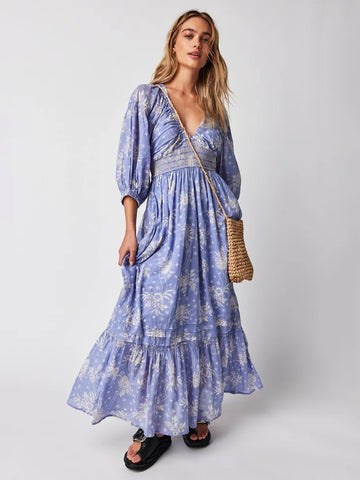 A-Line Flowy Dress Printed V-Neck Puff Sleeves Casual Summer Maxi Dresses
