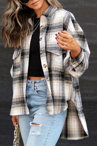 Abrigo de lana con camisa a cuadros holgada de manga larga para otoño e invierno 