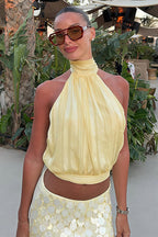 Lace Up Wavy Waist Backless Halter Top