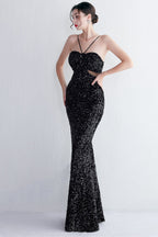 Mermaid Halter Black Sequins Long Prom Dress with Keyhole