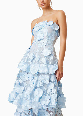 Blue Floral High Waist Maxi Dresses Embroidered Summer