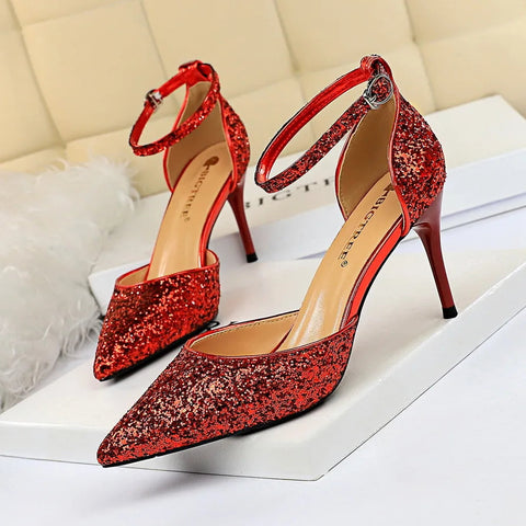 summer new European style stiletto heels shallow mouth pointed head sequins sexy nightclub show thin sandals for women