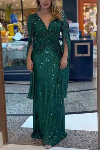 Vestido largo de noche con cintura cruzada y mangas estilo capa con lentejuelas más brillantes 