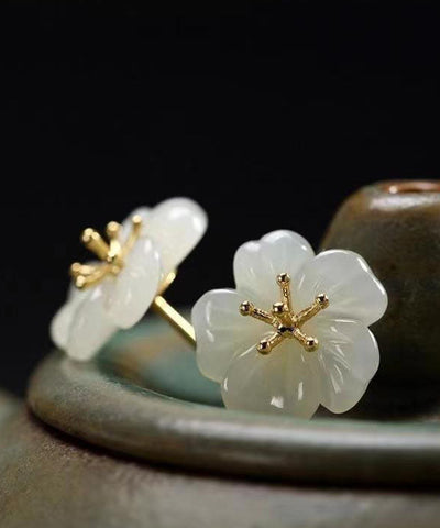 Pendientes DIY de flor de ciruelo con incrustaciones de jade y plata de ley blanca dorada 